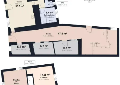 Annonces immobilières à Biard 86580 maison 4 chambres 600m2 division parcellaire - Plan détaillé de la maison – 4 chambres – 187,1 m² habitables – surfaces des pièces, volumes et distribution – division parcellaire env. 600 m² - Agence Immobilière - Buxerolles 86180