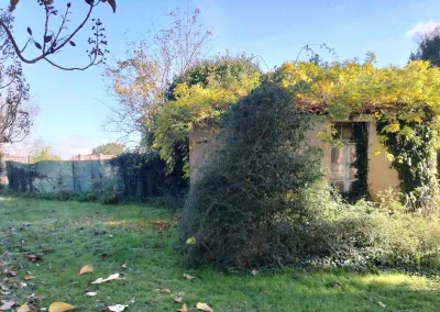 Annonces immobilières à Biard 86580 terrain constructible bâtiment à rénover augustins - vue du bâti côté cour recouvert de végétation dans un environnement arboré - agence immobilière - Buxerolles 86180