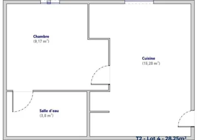 Annonces immobilières à Buxerolles 86180 - Didot - location appartement t2 28.25 m² - plan détaillé du logement avec chambre, salle d’eau et pièce de vie - agence immobilière